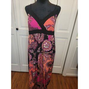 MSK Orange Pink Paisley Babydoll Maxi Dress Spaghetti Straps 12 2010 Cruise Boho